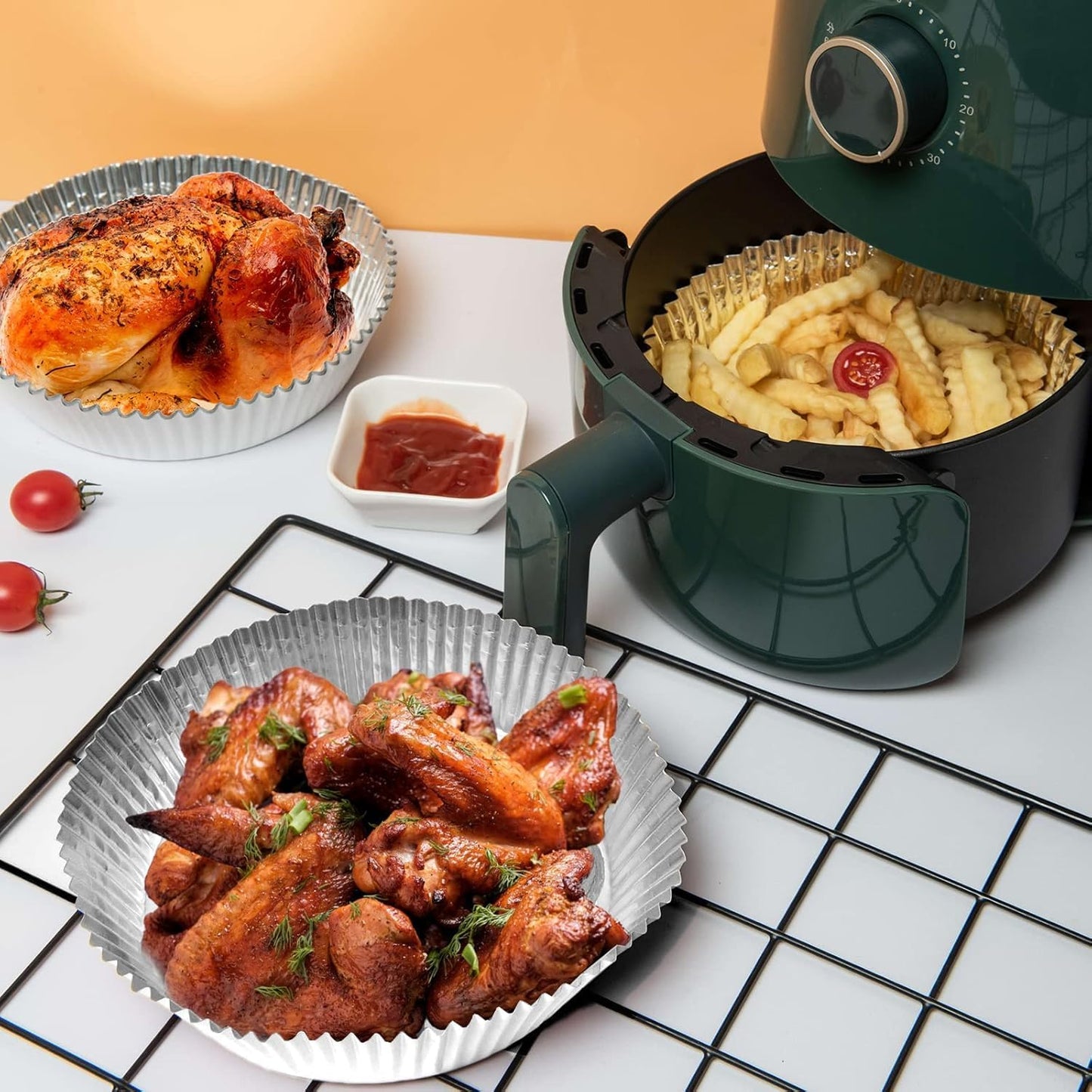 Air Fryer Liners, 100Pcs Aluminum Foil Air Fryer Disposable Paper Liner | 6.3” Square Non-stick Sheets, Food Grade Aluminum Foil for Baking, Frying, Grilling, Roasting Microwave