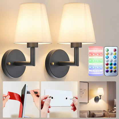 Battery Operated Wall Sconces Set Of Two, Wireless Battery Wall Light With 10000mAh RGB Rechargeable Magnetic Bulb, Rechargeable Wall Sconce With Remote Control For Bedroom, No Electrician Required