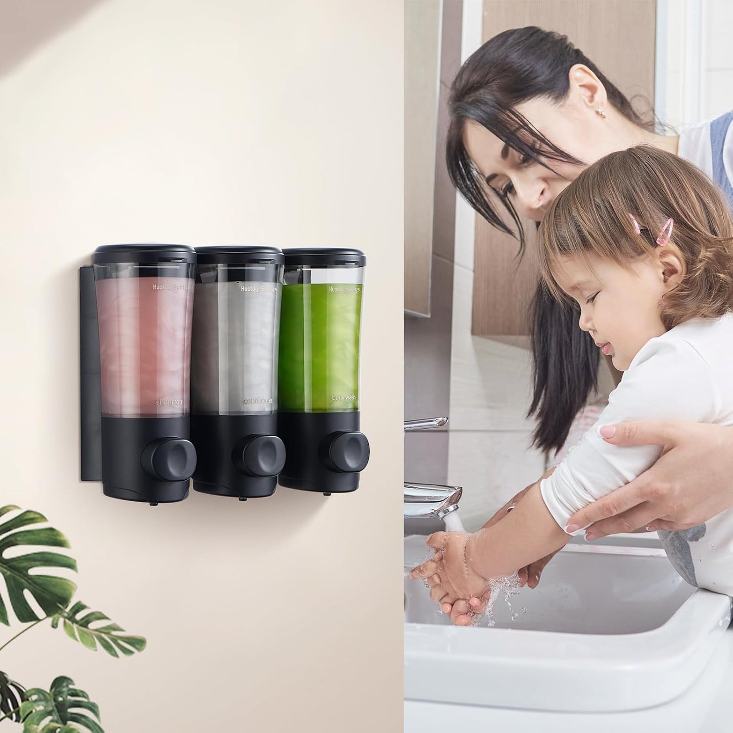 Shampoo and Conditioner Dispenser No Drill Shower Soap Dispenser Wall Mounted Shower Dispenser 3 Chamber with Upgrade Smooth Pump Head Bathroom Body Wash Soap Dispenser Set 450ml*3 Black