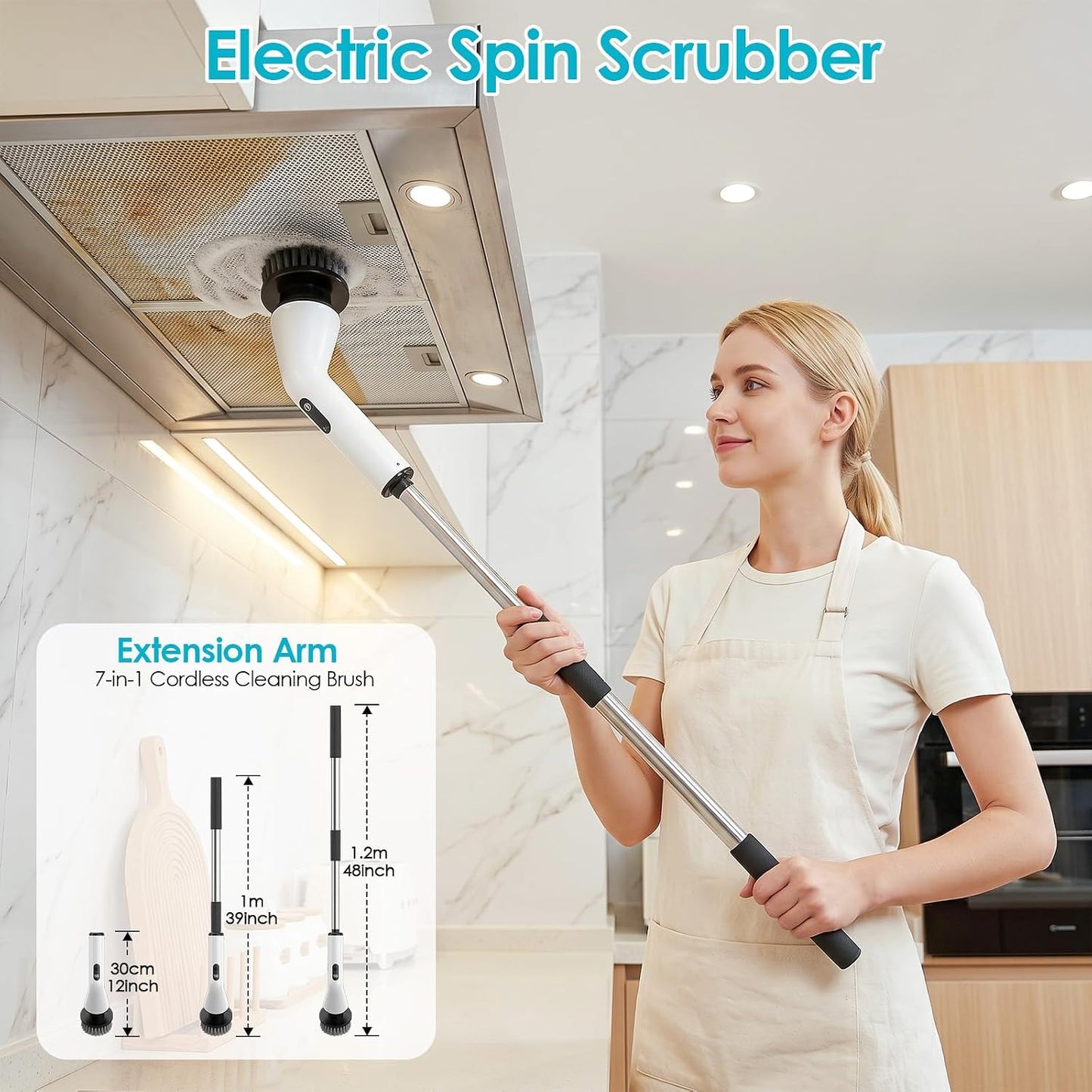 Electric Spin Scrubber for Bathroom,Power Cleaning Brush with 7 Replaceable Brush Heads, Adjustable Long Handle, Cordless Electric Shower Scrubber for Home, Floor, Kitchen & Car
