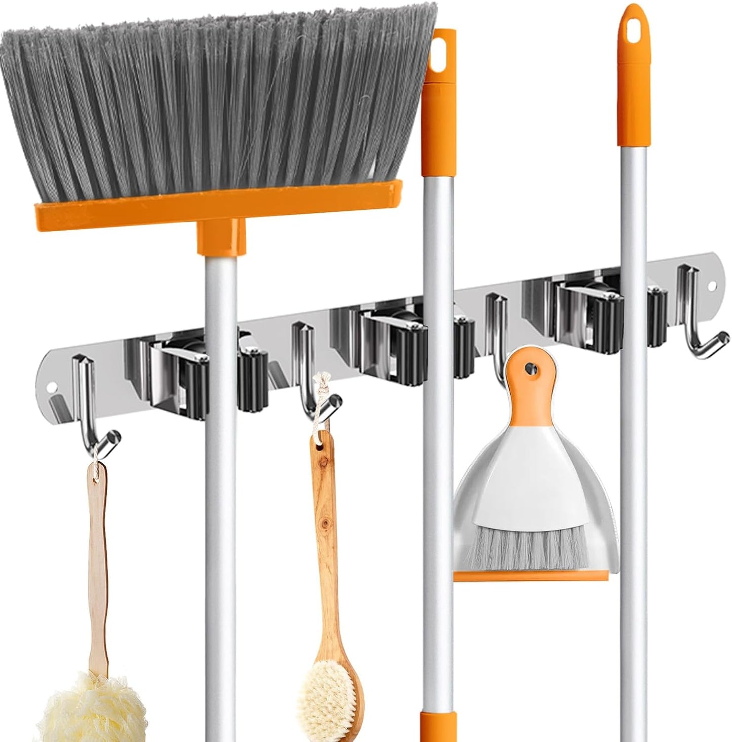 ZONGOOL 2 Pack Mop Broom Holder Wall Mount 4 Racks 5 Hooks Storage Black | 304 Rustproof Stainless Steel Broom Hanger, Non-Slip Wall Mount Organizer, Space Saving For Kitchen, Laundry, Garden