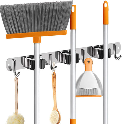 ZONGOOL 2 Pack Mop Broom Holder Wall Mount 4 Racks 5 Hooks Storage Black | 304 Rustproof Stainless Steel Broom Hanger, Non-Slip Wall Mount Organizer, Space Saving For Kitchen, Laundry, Garden