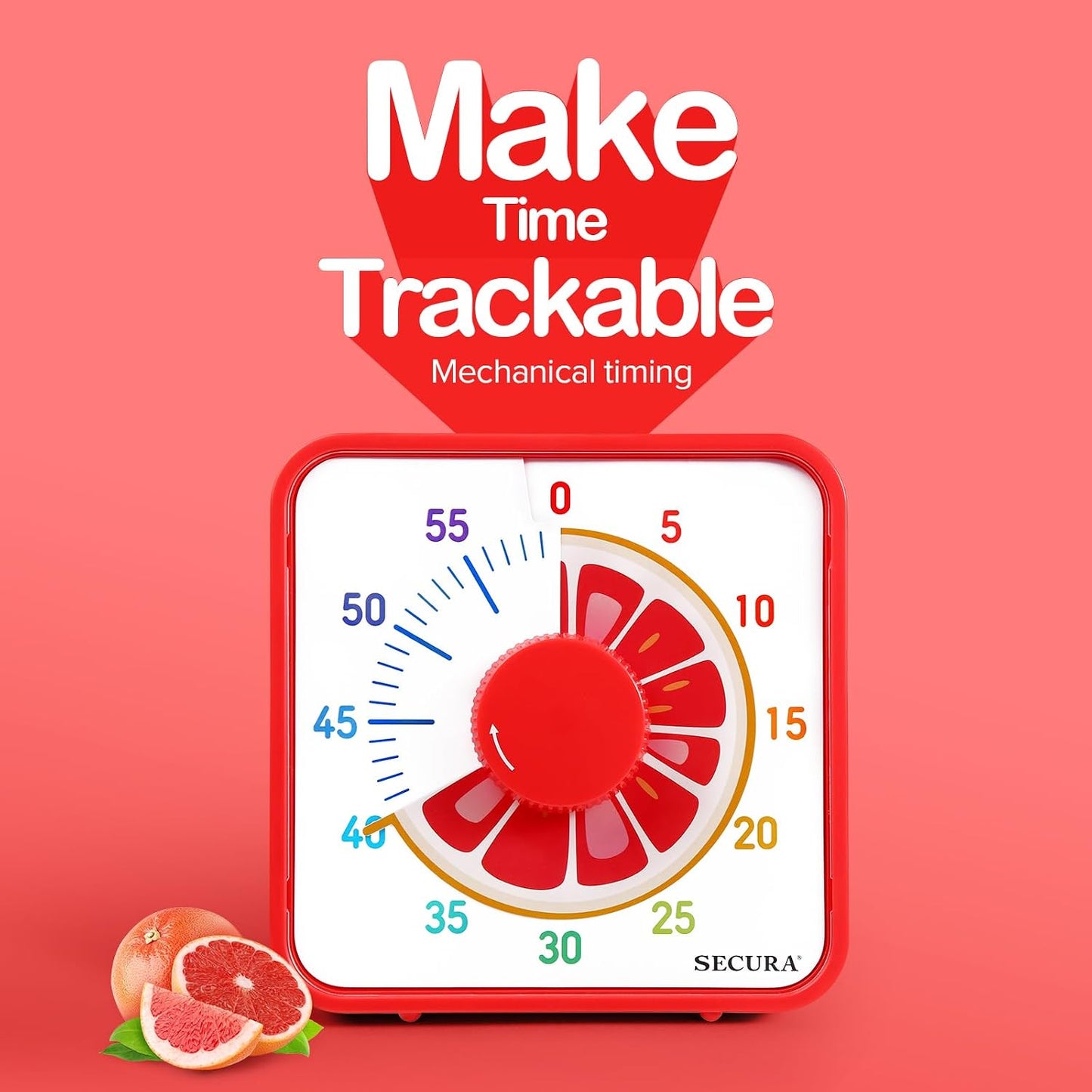 Secura 7.5-Inch Fruit Visual Timer for Kids, 60-Minute Countdown Timer for Classroom or Kitchen, Durable Mechanical Timer Clock with Magnetic Backing (Orange)