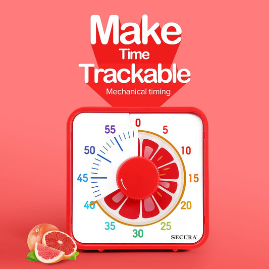 Secura 7.5-Inch Fruit Visual Timer for Kids, 60-Minute Countdown Timer for Classroom or Kitchen, Durable Mechanical Timer Clock with Magnetic Backing (Orange)