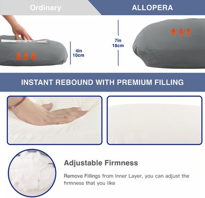 ALLOPERA Pregnancy Pillows for Sleeping, 57-Inch U-Shaped Full Body Maternity Pillow with Adjustable Fill and Removable Washable Cover, Back, Belly, Hip and Leg Support for Pregnant Women, Black Grey