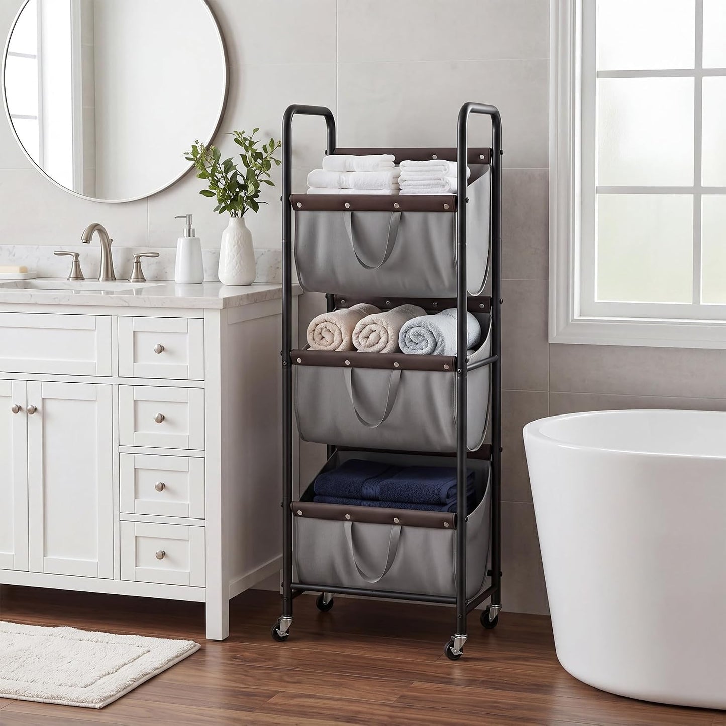 GRANNY SAYS 3 Tiered Laundry Sorter, Narrow Hamper Cart with Wheels | Sturdy 3 Section Laundry Basket with Wheels, Vertical Beige Hamper Cart for Bedroom, Bathroom, Apartment