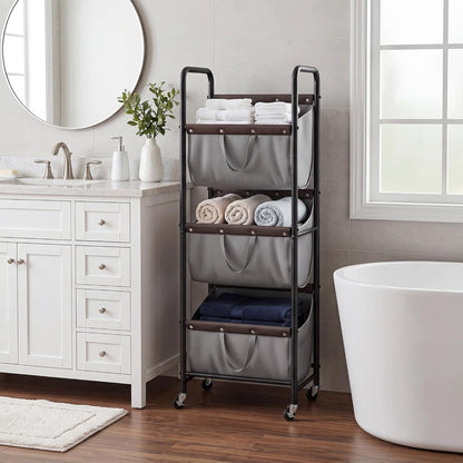 GRANNY SAYS 3 Tiered Laundry Sorter, Narrow Hamper Cart with Wheels | Sturdy 3 Section Laundry Basket with Wheels, Vertical Beige Hamper Cart for Bedroom, Bathroom, Apartment
