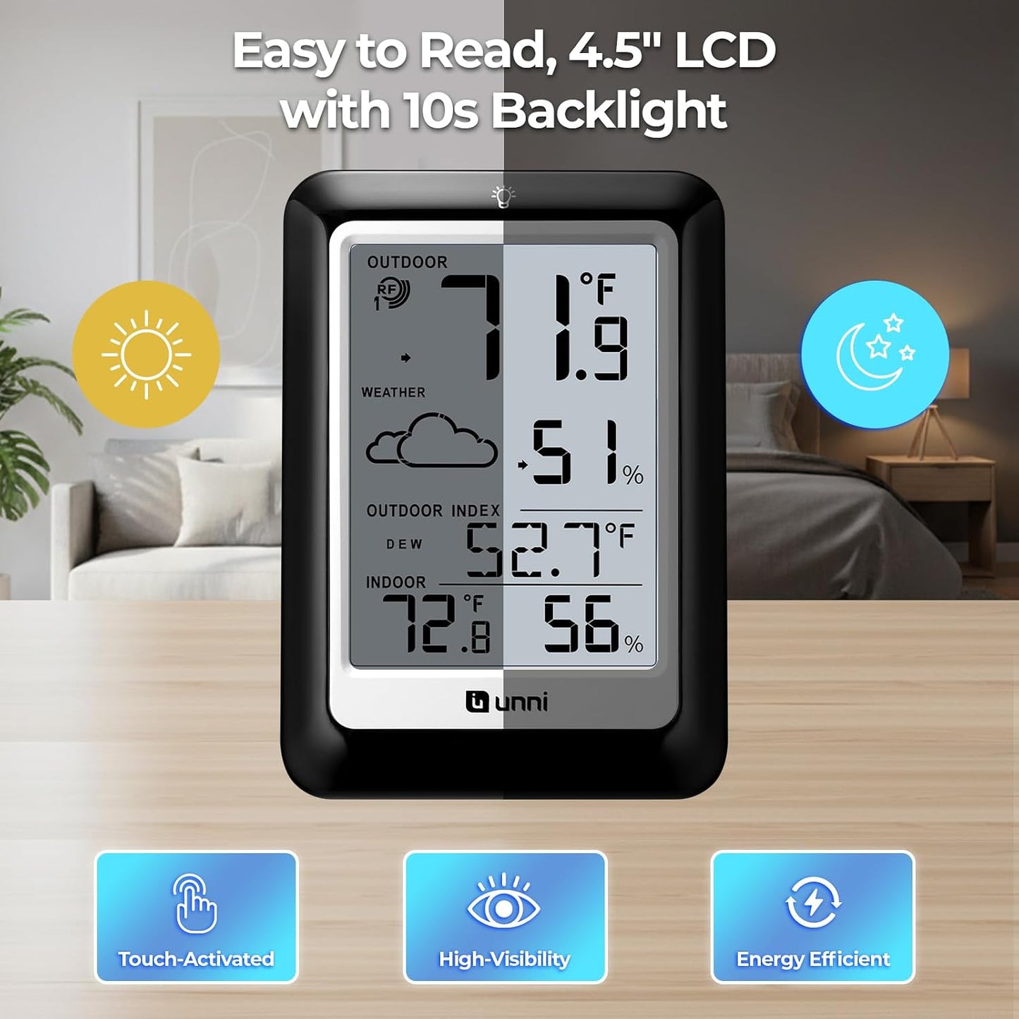 Indoor Outdoor Thermometer Hygrometer Wireless Weather Station, Temperature Humidity Monitor Battery Powered Inside Outside Thermometers with 330ft Range Remote Sensor and Backlight Display