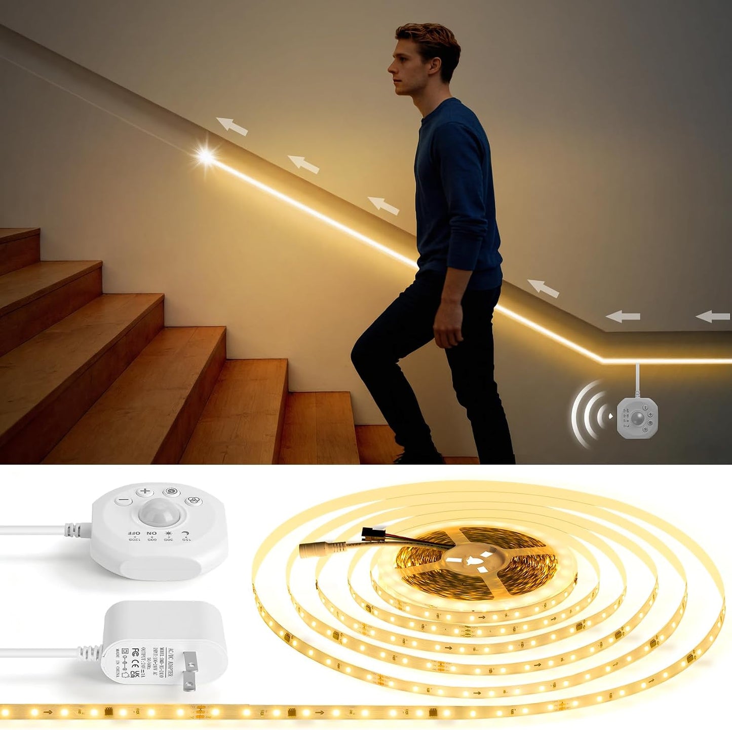 Motion Sensor LED Strip Lights 32.8ft 6500K White with Running Water Effect | Cool white running water flowing motion activated led stair lights, dimmable & auto-off timer,24v for kitchen,corridor,indoor