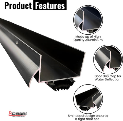 U Shaped Aluminum Door Bottom Sweep with Drip Cap, Draft Stopper for Bottom of Door, Weather Stripping Seal for Exterior and Interior Doors, 1 3/4" Width, Black (36 Inch)