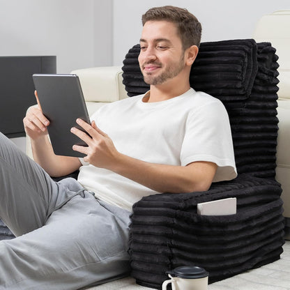 ENITYA 22" XL Back Pillow for Bed Sitting Up with Armrests & Big Pockets | Reading Pillow for Bed, Soft Back Support Chair, Ideal for Watching TV, Gaming, Nursing, Resting, Post Surgery, Dark Grey
