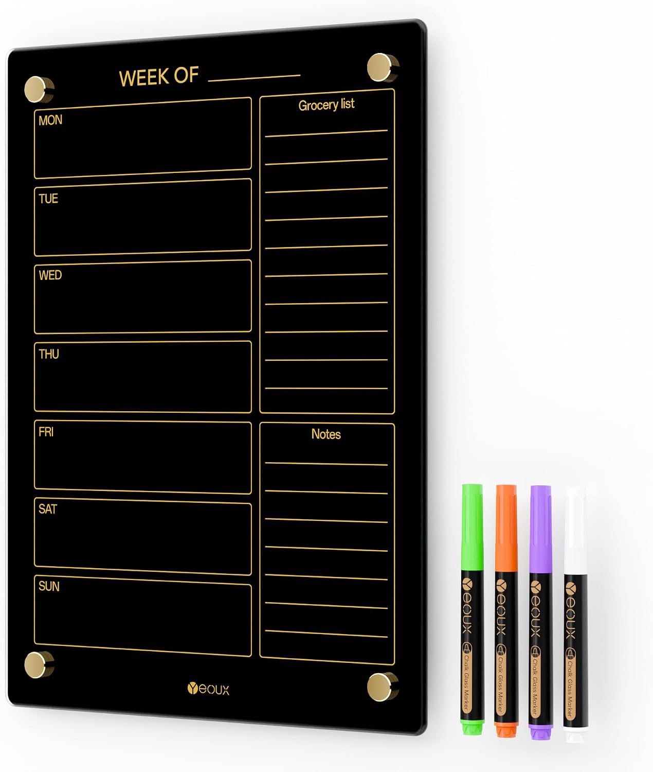 Yeoux Clear Glass Golden Weekly & Menu Dry Erase Calendar Board 15“x11 | Wall Mount, Non-Magnetic, Meal Planning & Grocery Shopping List Whiteboard for Kitchen & Home, 4 Markers