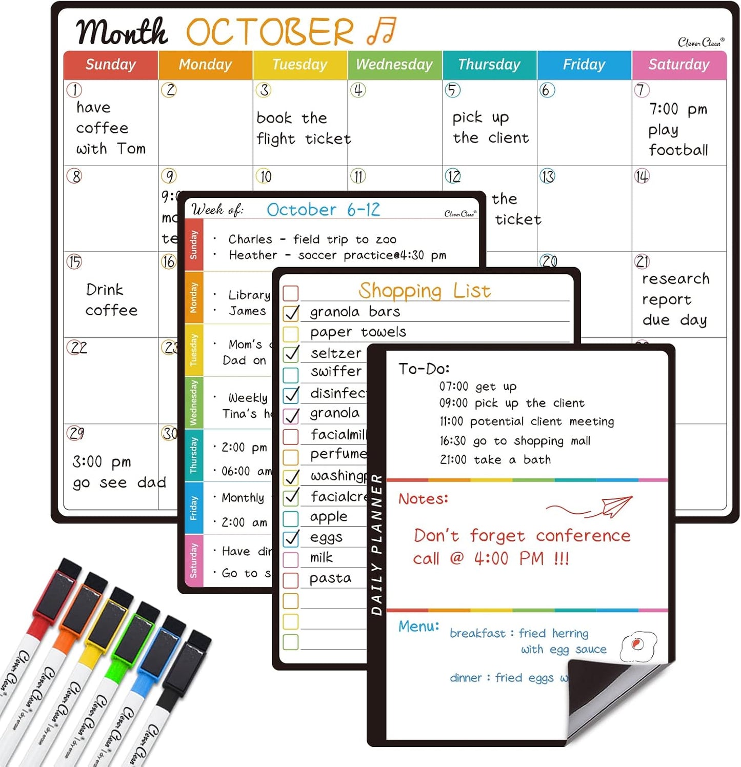 Magnetic Dry Erase Weekly Calendar for Fridge - Large 17"x12" Magnetic Weekly Planning Board with Hourly Time Slots - 6 Extra Fine Point Markers Included