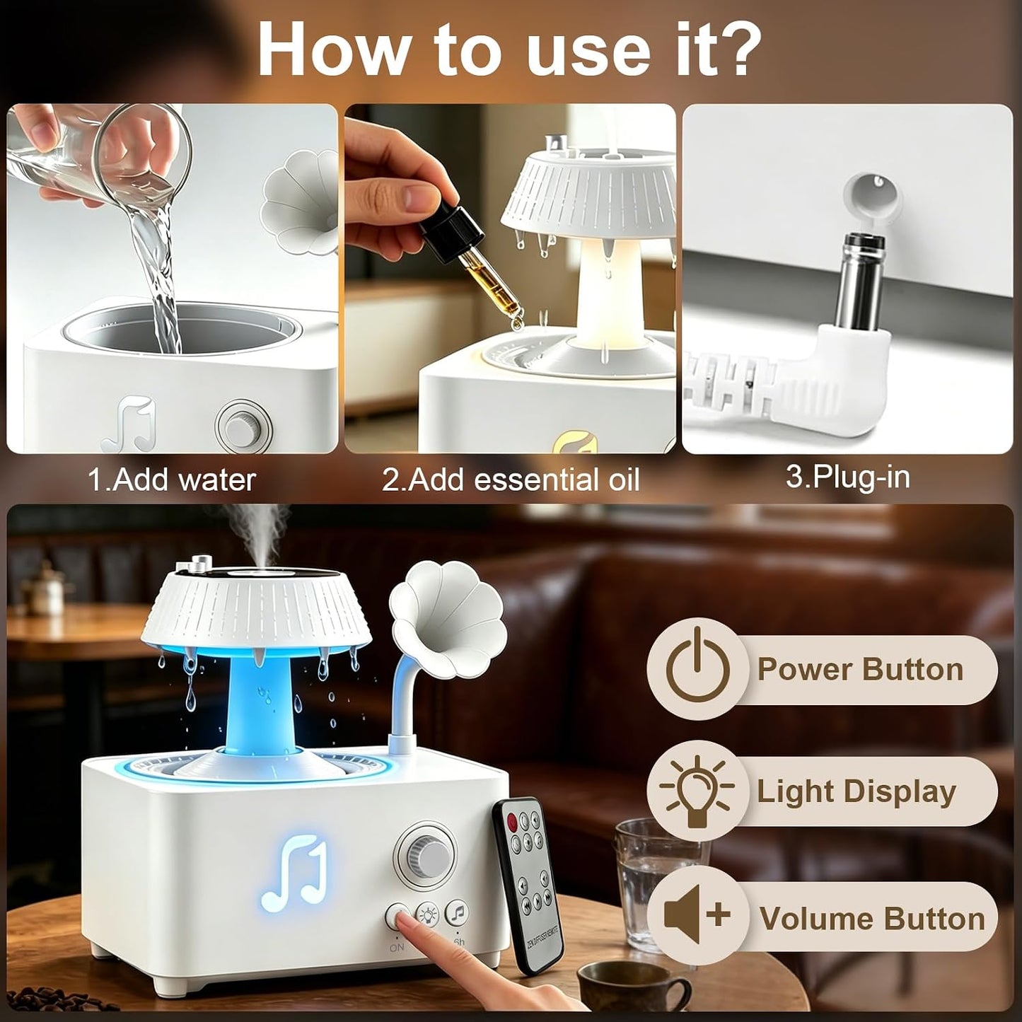 Morbou Raindrop Aroma Diffuser Room Humidifier with White Noise, 7-Color Air Mist Essential Oil Diffuser Sleep Sounds Aroma Rain Drop, with Remote Control (Brown)