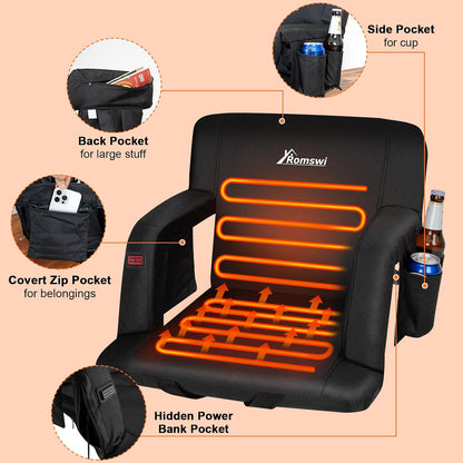 2PK 21in Extra Wide Dual-Zone Heated Stadium Chairs for Bleachers with Back Support,3-Level Heating Foldable Bleacher Chair, 6 Reclining Positions, 5 Pockets, Buckle & Hooks Fasten for Outdoor