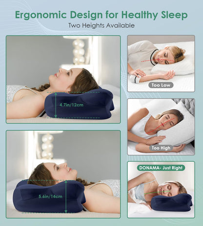 DONAMA Contour Cervical Neck Pillow for Neck Pain Relief | Queen,Ergonomic Dual-Height,Odorless Memory Foam,Side/Back/Stomach Sleepers,Cooling Hypoallergenic Cover,OEKO-TEX Certified