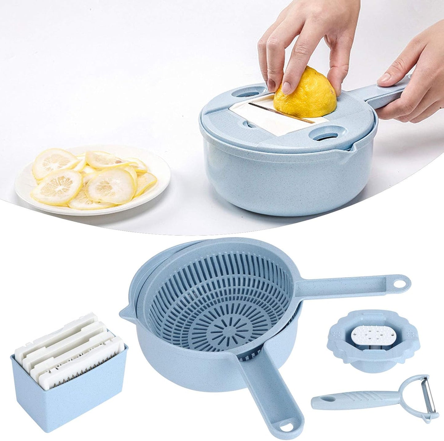 Food Shredder, Manual Vegetable Cutter Potato Grater Food Chopper with 4 Interchangeable Blades Storage Container Finger Guard Wheat Straw PP Kitchen Accessory for Home Meal Prep