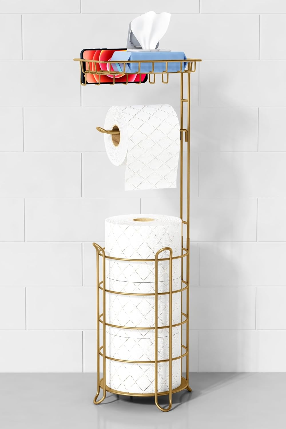 Goozii Gold Free Standing Toilet Paper Holder Stand with Phone Shelf, Floor Bathroom Tissue Holder for Large Mega Rolls, Metal Freestanding Toilet Paper Roll Holder with Wipes Storage Tray