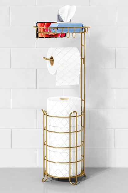 Goozii Gold Free Standing Toilet Paper Holder Stand with Phone Shelf, Floor Bathroom Tissue Holder for Large Mega Rolls, Metal Freestanding Toilet Paper Roll Holder with Wipes Storage Tray