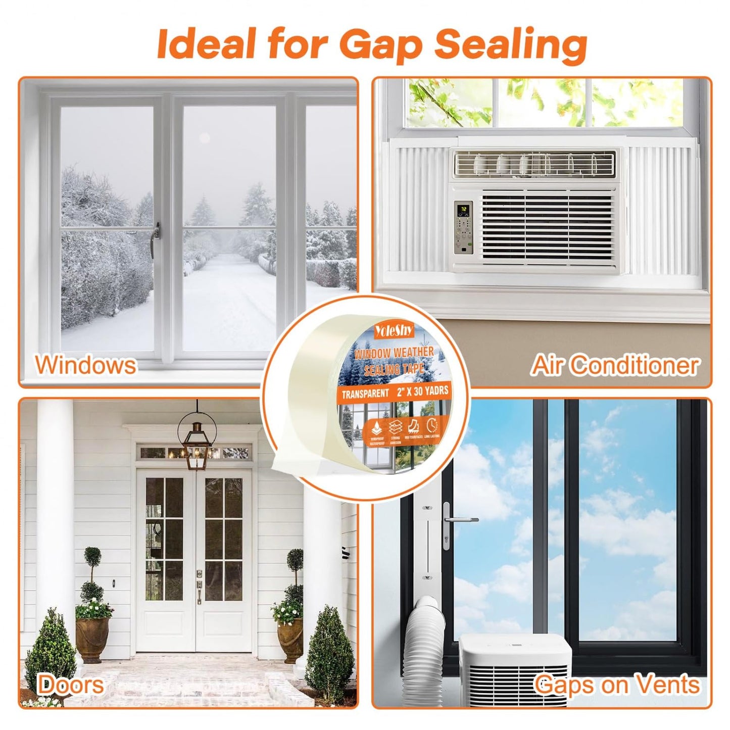 YoleShy 3 Pack Transparent Window Weather Sealing Tape 2 Inch x 30 Yards No Residue Heavy Duty Window Insulation for Winter Cold Draft Proof Gap Sealing, Total 90yds Air Conditioner Window Seal