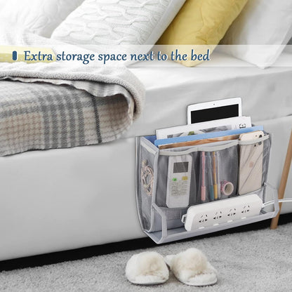 Bedside Caddy Organizer for Dorm Bed Rails with 7 Pockets, Gray | Bed Pockets Bedside Storage with Power Strip Holder & 2 Adjustable Straps for Home, College, Dorm, Hospital Bedside Organizer