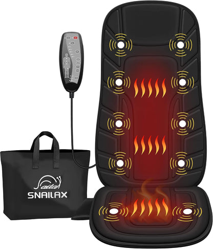Snailax Back Massager with Heat, Vibration Massage Chair Pad, Seat Cushion | 10 Motors, 5 Modes, 3 Intensities, 2 Heat Settings, 3 Heating Areas, 30/60/90-Min Timer, Foldable, Carry Bag, 2026 Upgraded