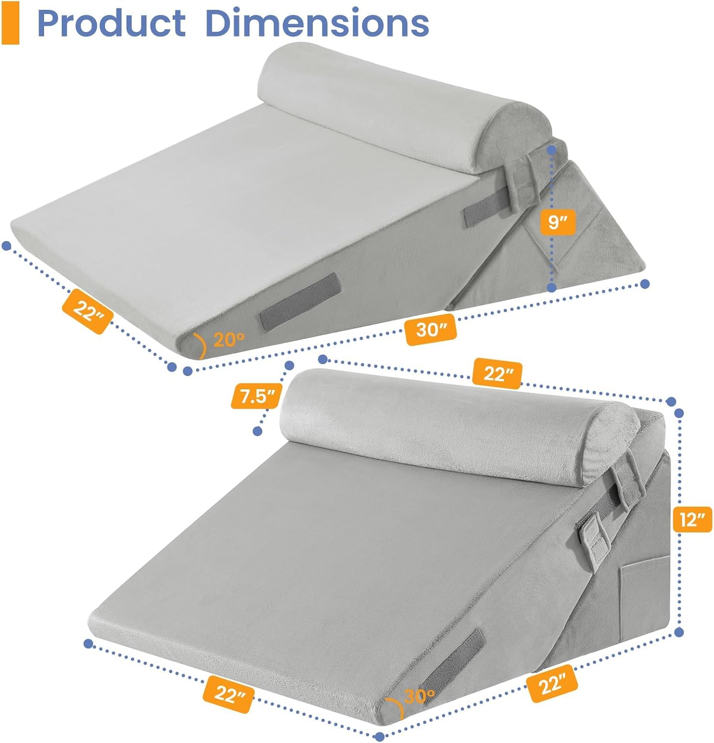 Sasttie Adjustable Wedge Pillow Set for After Surgery, Dark Grey & White | Bed Wedge Pillow Headboard with Memory Foam Neck Cushion, for Acid Reflux, Sleeping, Neck & Back Support