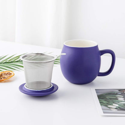 Yundu 12 OZ Matte Purple Ceramics Teacup with Infuser and Lid, Mug with Lid for Steeping - Stainless Steel Infuser for Loose Leaf Tea, Home Office Gift for Tea Lovers