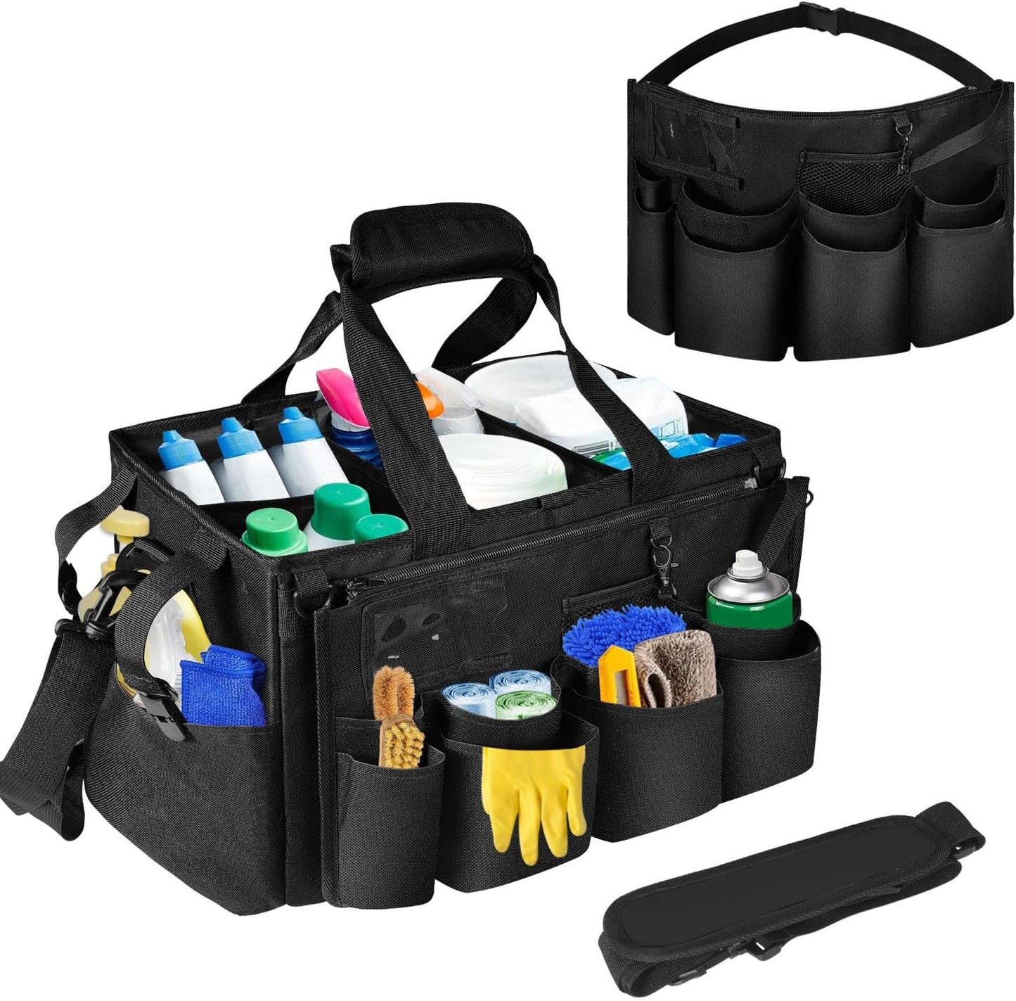 Boczif Cleaning Caddy Bag Wearable,Cleaning Caddy Supplies Organizer(Pink) | with Handle, Shoulder Straps & Detachable Divide, Cleaning Tool Organizers Tote Bag for Cleaners & Housekeepers