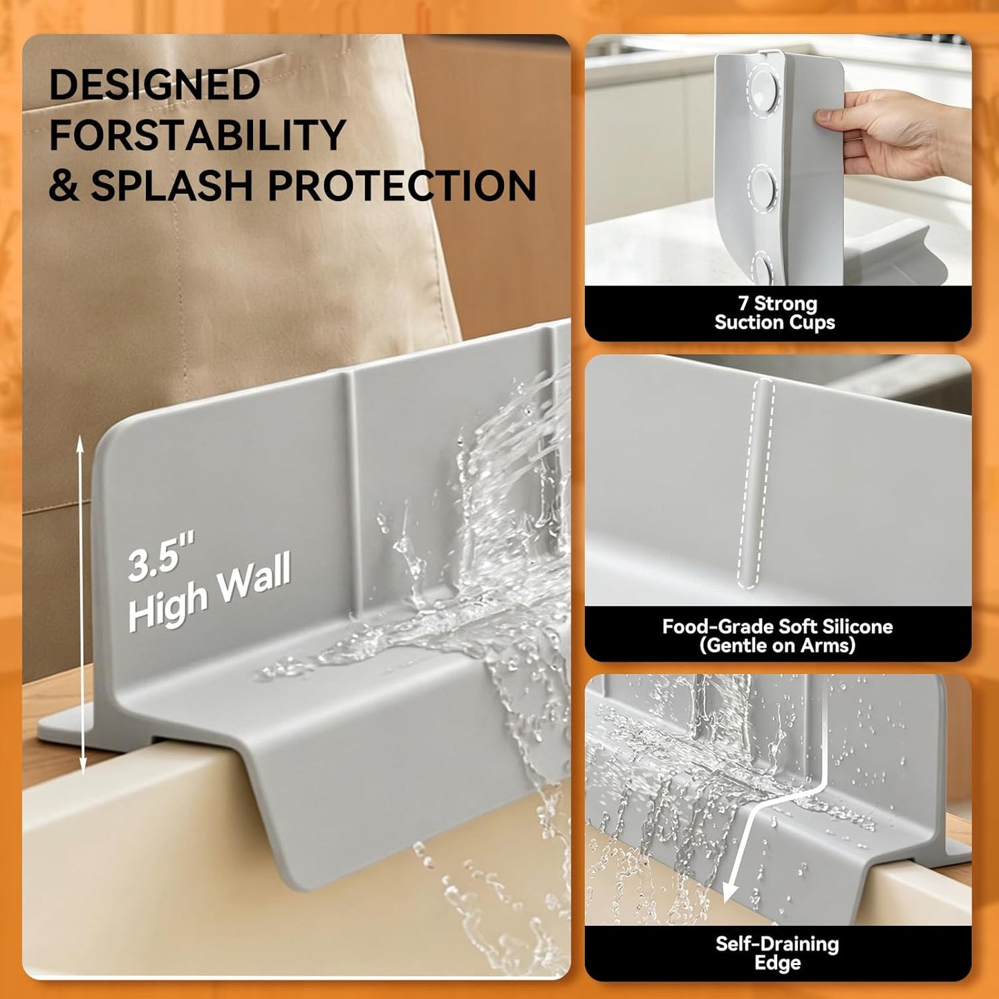 Silicone Splash Guard for Kitchen Sink, Self Draining Water Mat | Tall 3.5" Splash Wall , 22.8" Trimmable Design , 7 Strong Suction Cups , Dishwasher Safe , Flexible Water Barrier