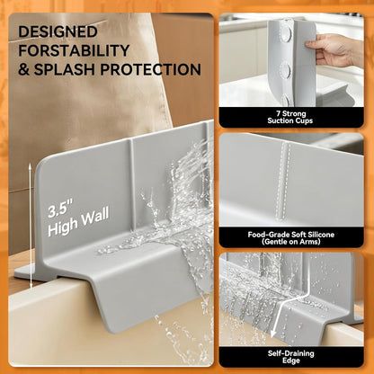 Silicone Splash Guard for Kitchen Sink, Self Draining Water Mat | Tall 3.5" Splash Wall , 22.8" Trimmable Design , 7 Strong Suction Cups , Dishwasher Safe , Flexible Water Barrier