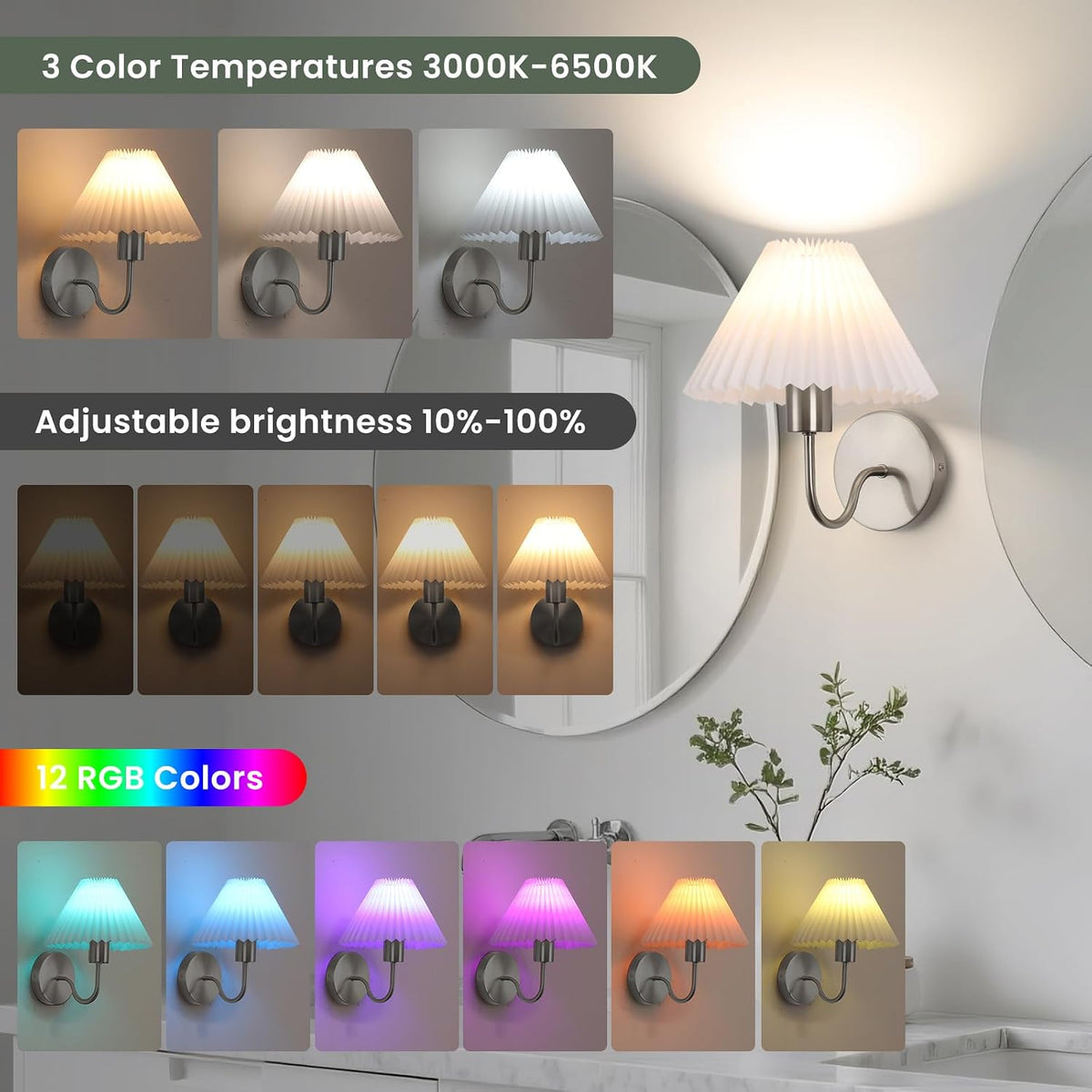 Rechargeable Battery Operated Wall Sconce Sets of 2, 15 Colors Wireless gooseneck Black Wall Lights Fixture with Dimmable Bulbs and Remote, Not Hardwired Wall Mounted Lamps for Bedroom Living Room