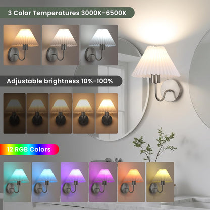 Rechargeable Battery Operated Wall Sconce Sets of 2, 15 Colors Wireless gooseneck Black Wall Lights Fixture with Dimmable Bulbs and Remote, Not Hardwired Wall Mounted Lamps for Bedroom Living Room