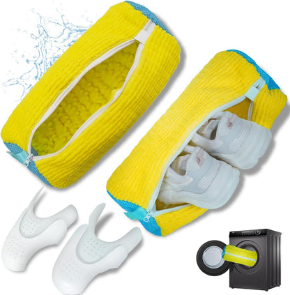 Shoe Washing Machine Bag Built-in Bristles | 2 Pack with Shoe Crease Protectors, for Women & Men, Yellow, Reusable Sneaker Laundry Bag for Washer and Dryer