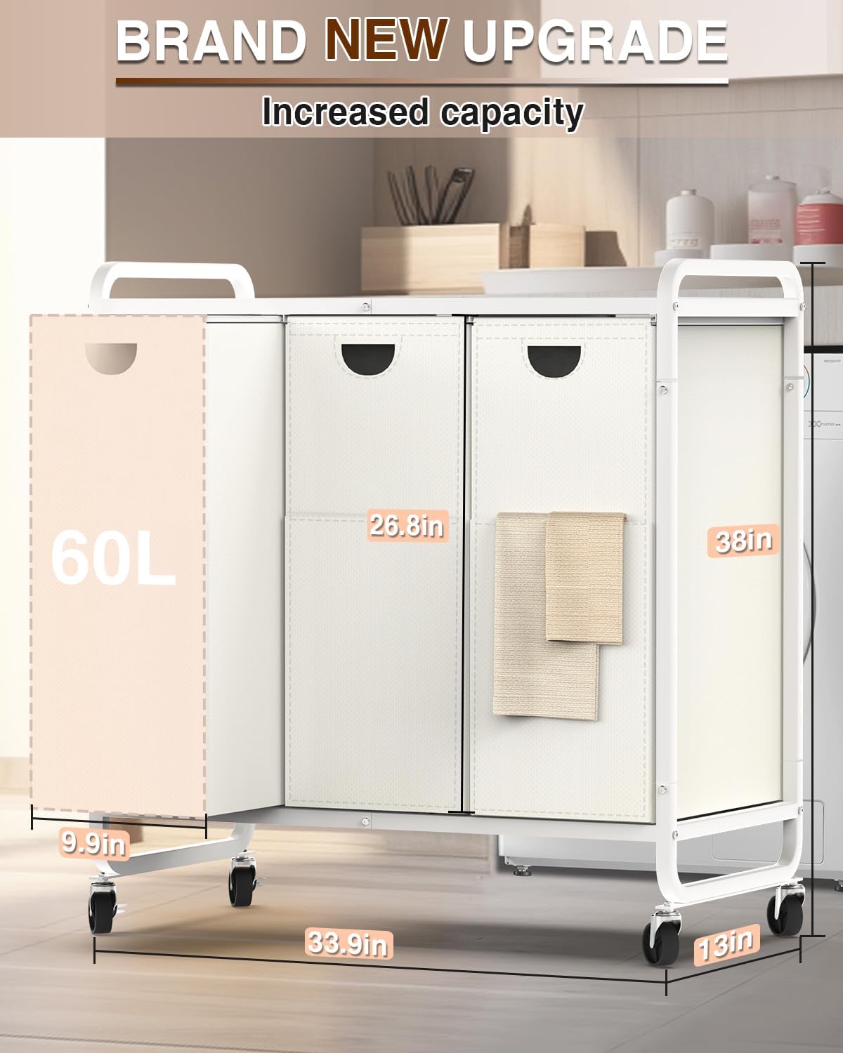 Laundry Sorter 3 Section,Laundry Basket with Wheels,3×15.8 Gal (60L) | Laundry Room Organization with Wooden Desktop Shelf,Pull-Out and Removable 900D Oxford Fabric Laundry Bags for Laundry Room