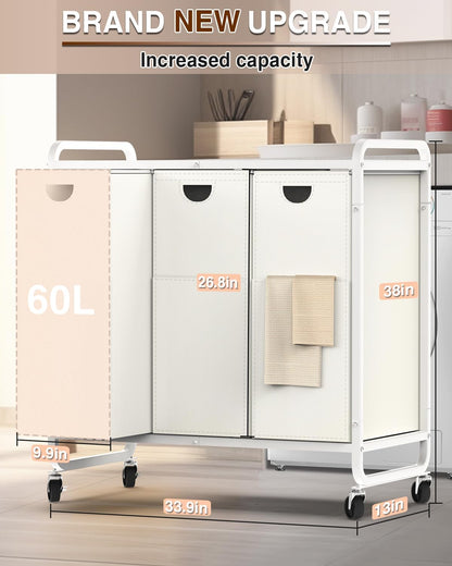 Laundry Sorter 3 Section,Laundry Basket with Wheels,3×15.8 Gal (60L) | Laundry Room Organization with Wooden Desktop Shelf,Pull-Out and Removable 900D Oxford Fabric Laundry Bags for Laundry Room