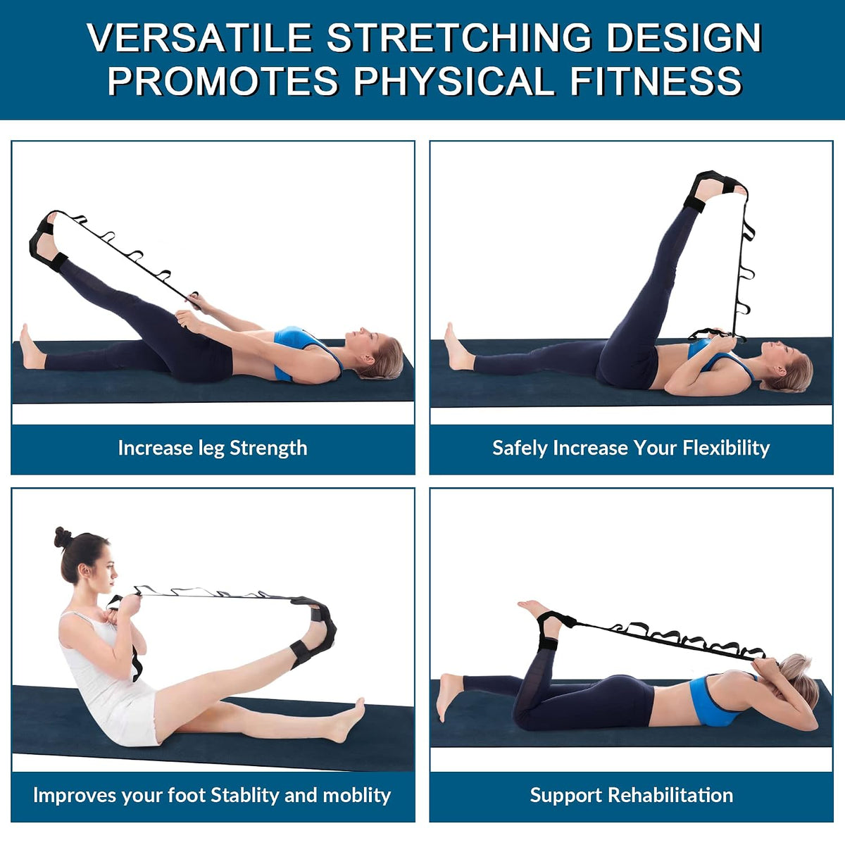 Komzer Foot Stretcher Belt, Foot Stretcher Stretch Strap for Plantar Fasciitis, Heel Spurs, Foot Drop, Achilles Tendonitis & Hamstring. Yoga Foot & Leg Stretch Strap (Black)
