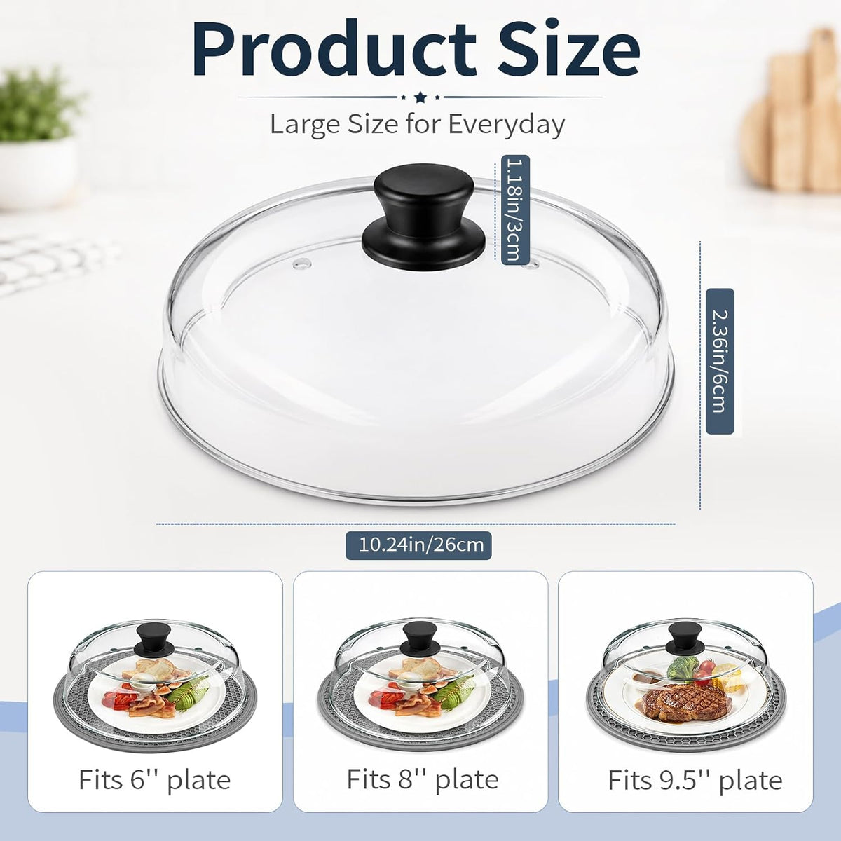 Glass Microwave Cover for Food, Tall Microwave Splatter Cover with Silicone Mat, Vent Holes, BPA Free, Dishwasher Safe, 10 Inch, High Borosilicate Glass Plate Lid with Side Tabs