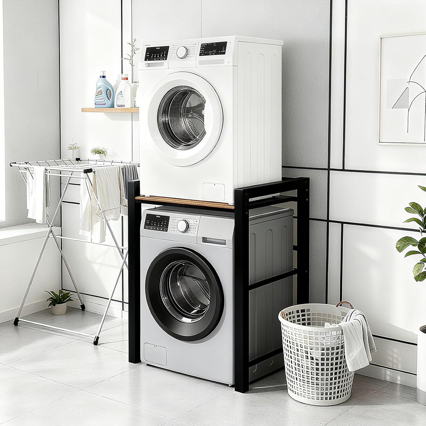 Heavy Duty Steel Shelf Over Washer and Dryer, Portable Washer and Dryer Stand, Laundry Room Organizer with Adjustable Laminate, Washing Machine Shelf for Bathroom and Laundry Room (Black-A)