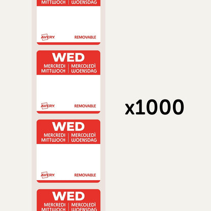 Avery Removable, Hand Writable, Food Day Labels, Wednesday, Strong Adhesive, 25 x 25 mm, Red, 1000 Labels, Preprinted Design (DLSWEDREV-1000)