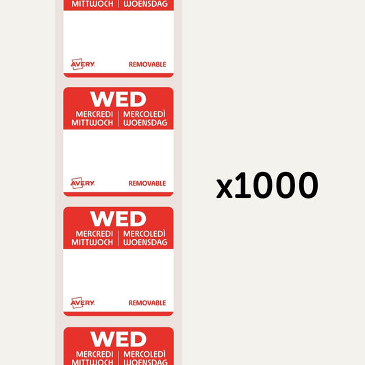 Avery Removable, Hand Writable, Food Day Labels, Wednesday, Strong Adhesive, 25 x 25 mm, Red, 1000 Labels, Preprinted Design (DLSWEDREV-1000)