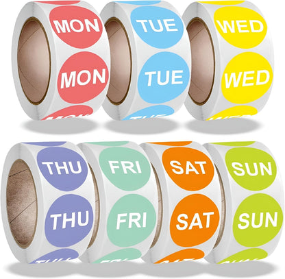 7 Day of The Week Sticker,1 Inch Round Day Dot Food Rotation Labels - 3500 Pcs Date Stickers for Food Containers (500 Labels/Roll)