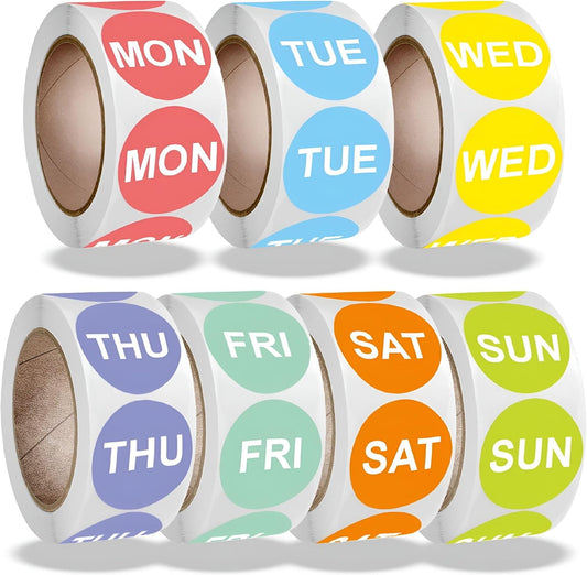 7 Day of The Week Sticker,1 Inch Round Day Dot Food Rotation Labels - 3500 Pcs Date Stickers for Food Containers (500 Labels/Roll)