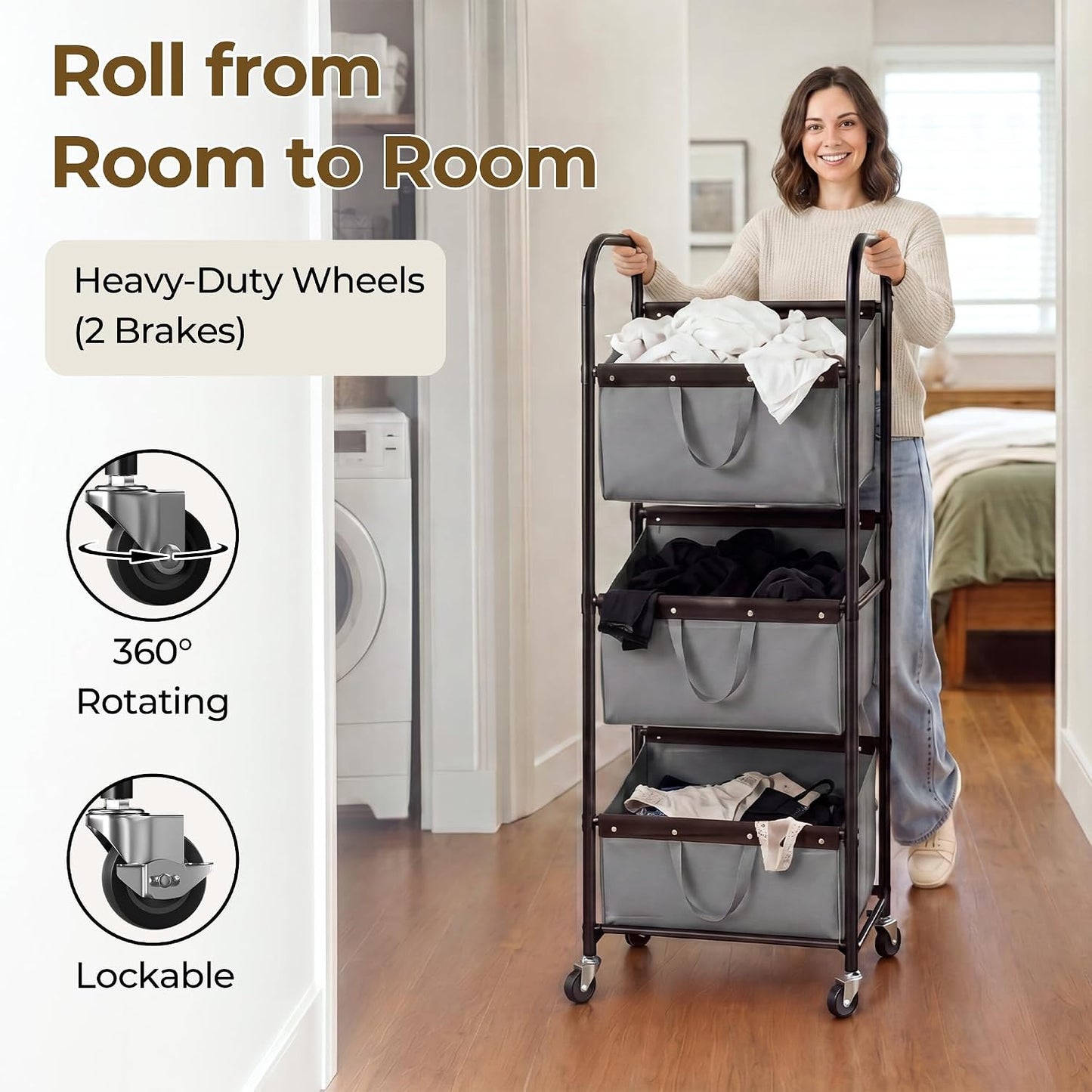 GRANNY SAYS 3 Tiered Laundry Sorter, Narrow Hamper Cart with Wheels | Sturdy 3 Section Laundry Basket with Wheels, Vertical Beige Hamper Cart for Bedroom, Bathroom, Apartment