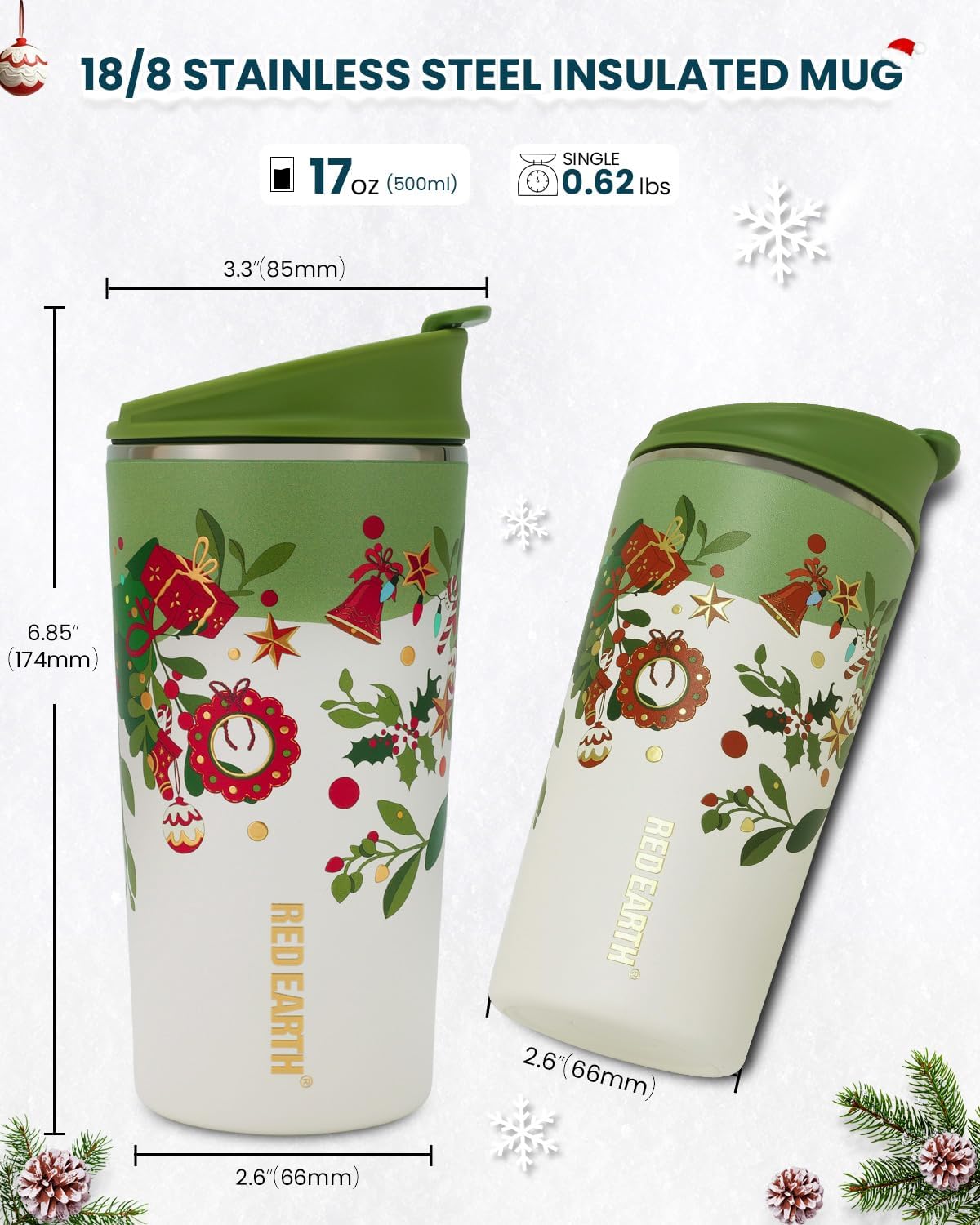 GiNT 17oz Travel Tea Mug with Infuser, 2 Lids. Vacuum Insulated 316 Stainless Steel Coffee Mug. Dishwasher Safe Tea Cup with Strainer for Hot & Cold Brew Coffee. Mothers Day Gifts for Mom (Green)