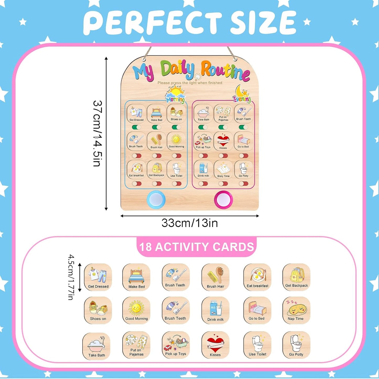 Morning Routine Chart for Toddlers, Visual Schedule Chart Planner | to Do List with 6 Tap Lights & 10 Activity Cards, Wooden Checklist Schedule Board for Kids, Autism, Preschoolers, ADHD Tools