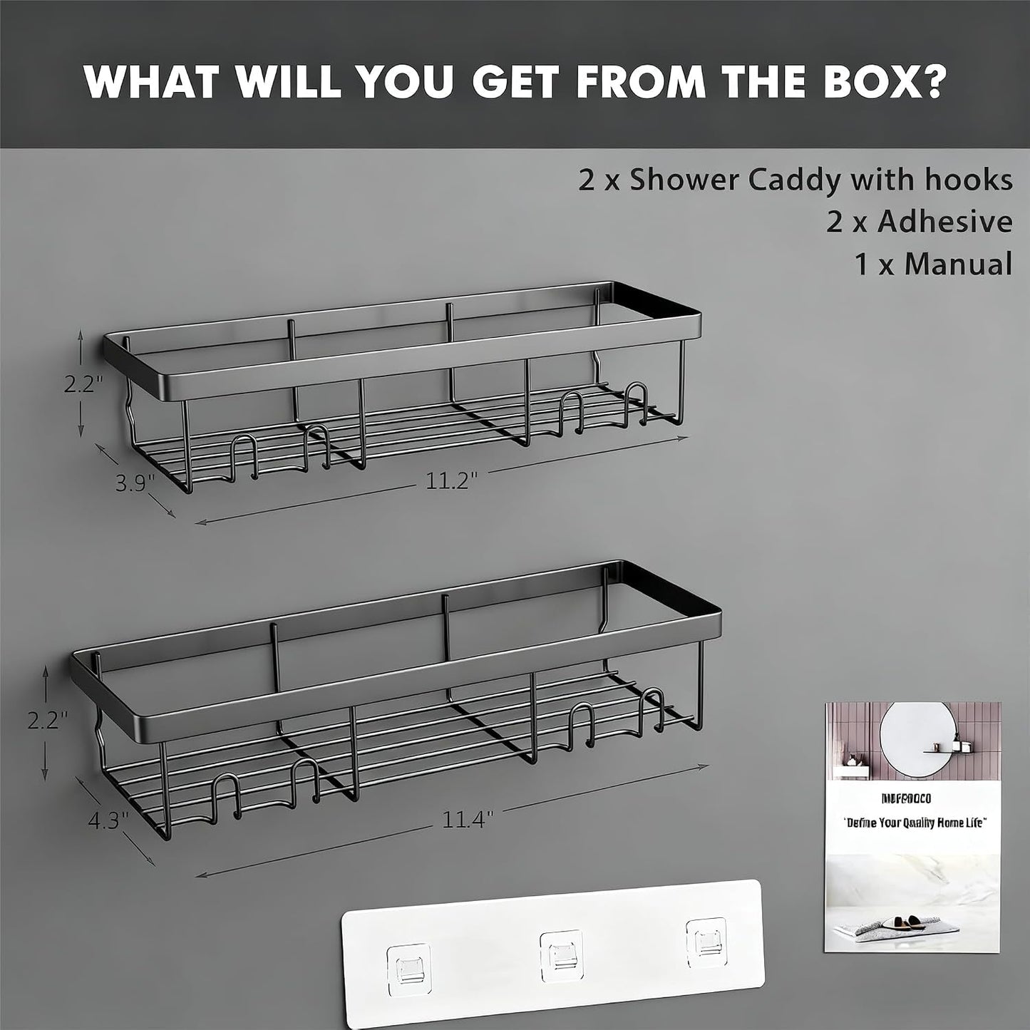 Moforoco Shower Caddy Shelf Organizer Rack, Self Adhesive Black Bathroom Shelves Basket, Home Farmhouse Wall Inside Organization and Storage Decor Rv Accessories, First Camper Apartment Essentials