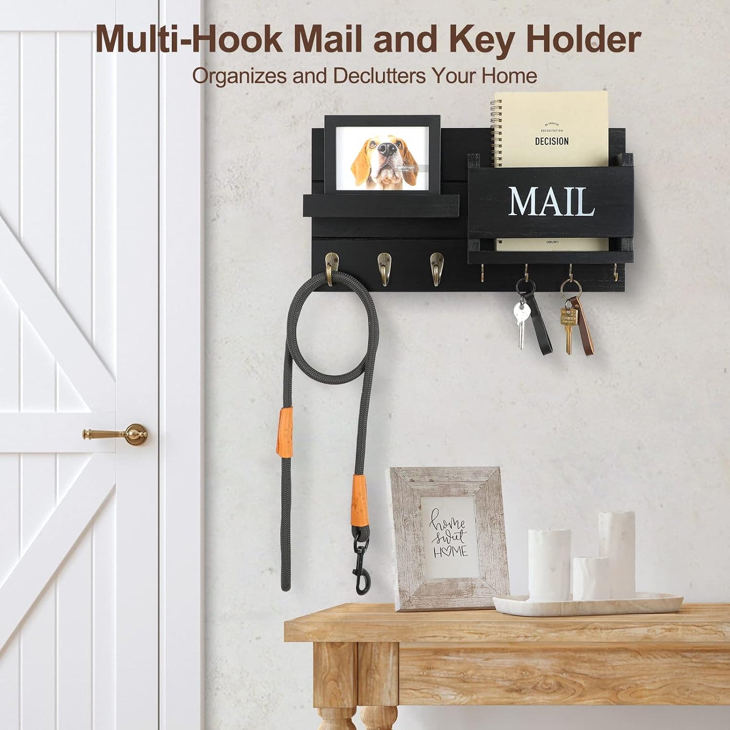 Lwenki Mail Organizer for Wall Mount – Key Holder with Shelf Includes Letter Holder and Hooks for Hallway Farmhouse Decor – Rustic Wood with Flush Mounting Hardware (16.5” x 9.1” x 3.4”) (White)