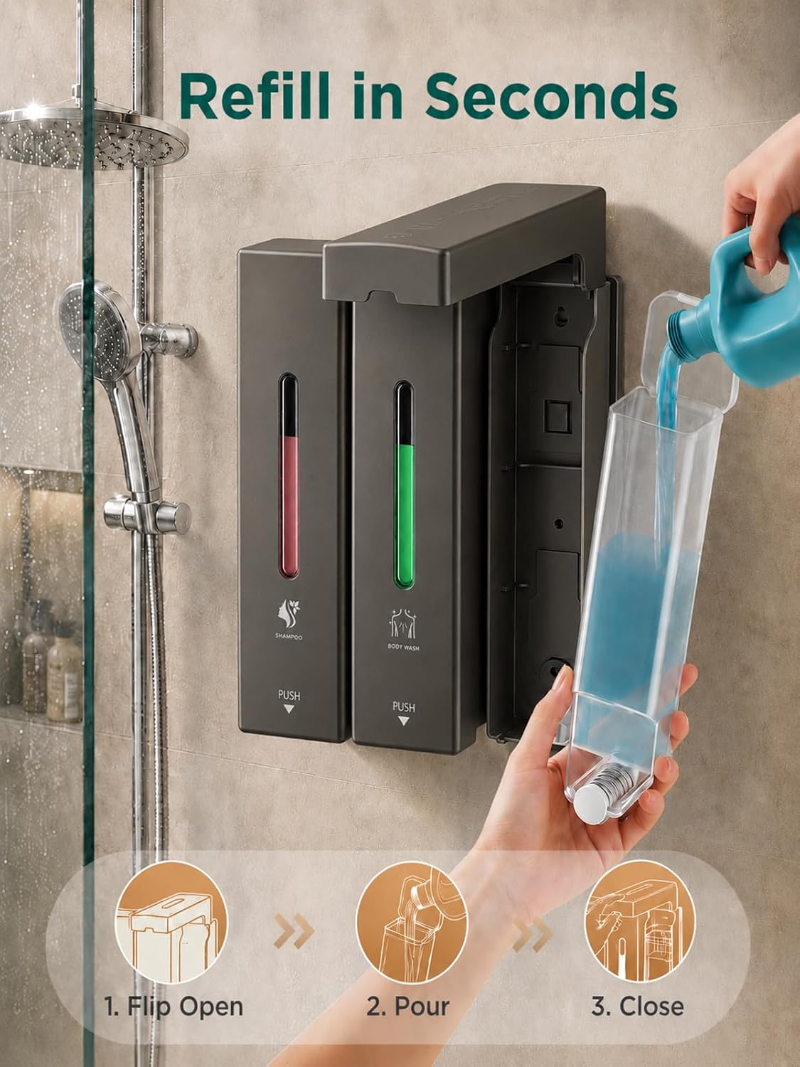 Shampoo and Conditioner Dispenser Wall Mounted, 3-Chamber Shower Soap Dispenser for Bathroom, 1200ML Large Capacity, No-Drill Installation, Clog-Free Pump for Thick Liquids (black-3-pack)