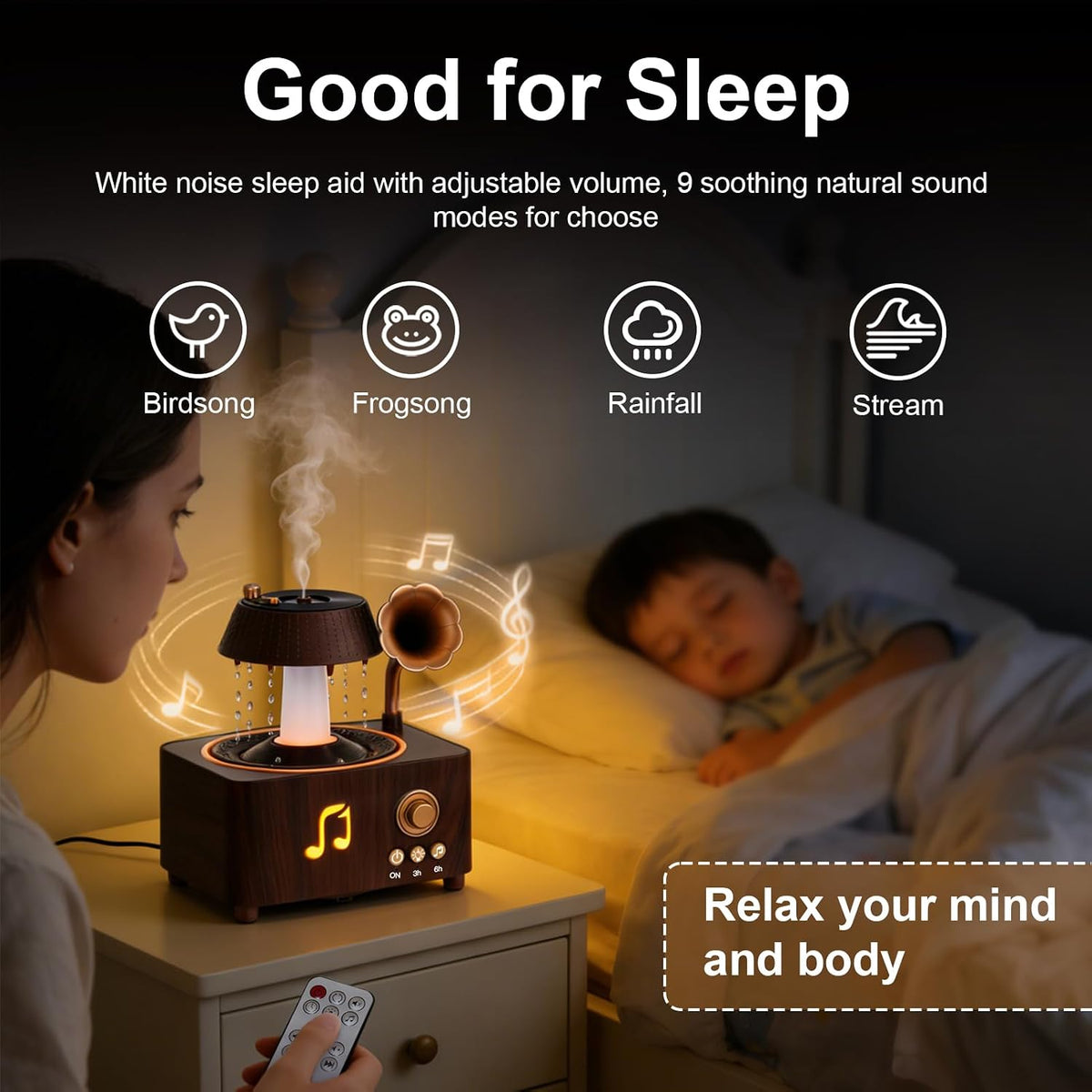 Morbou Raindrop Aroma Diffuser Room Humidifier with White Noise, 7-Color Air Mist Essential Oil Diffuser Sleep Sounds Aroma Rain Drop, with Remote Control (Brown)